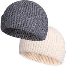 2er-Pack kurze, schlichte, gestrickte Mützen mit aufrollbarem Rand, Fischermützen aus Wolle für Herren, kurze Strickmützen, warme Wintermützen