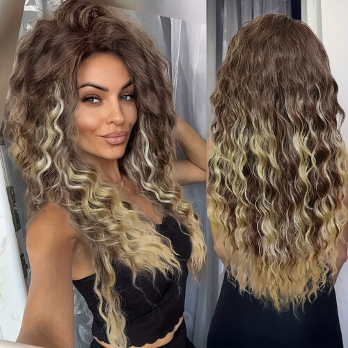 Peruca UFINE Elegant Water Wave de 28 polegadas (71 cm), densidade de 150%, fibra de alta temperatura, touca de rede rosa, compatível com uso 2