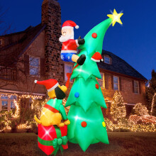 Husfou 7ft Inflatable LED Santa & Tree with Dog, Built-in 6 Lights, Outdoor Holiday Lawn Decoration