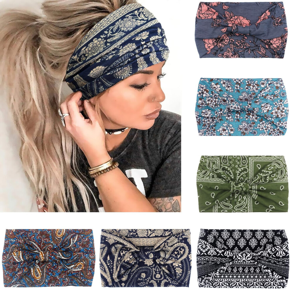 ZOUYUE Wide Headbands for Women, No Slip African Boho Solid Bandana, Elastic Yoga Sweat Bands, Running Turban Wraps, Pack of 6