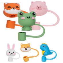 6 Pcs Silicone Straw Caps Cartoon Animal Tips for Home Office