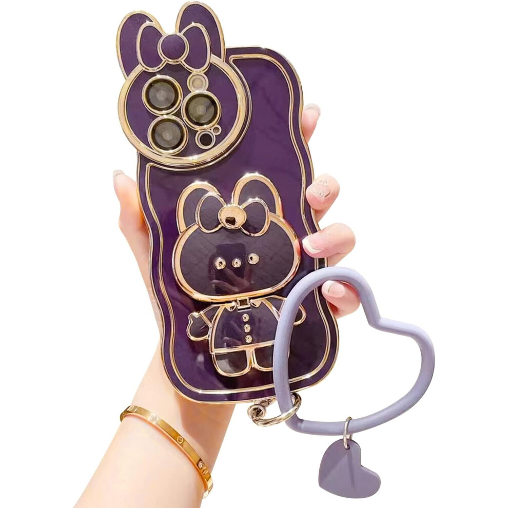 Cute Bunny Hidden Stand Case For Iphone 14 Pro, Shockproof Mirror Bumper With Rabbit Ear Lens, 3D Rabbit Case With Heart Chain Bracelet - Dark Purple 9165521380497