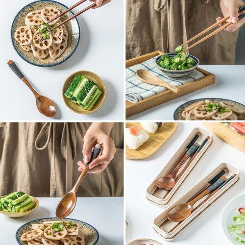 3 τεμάχια/σετ ξύλινα κουτάλια chopsticks φυσικό χειροποίητο ιαπωνικό στυλ με κουτί 1