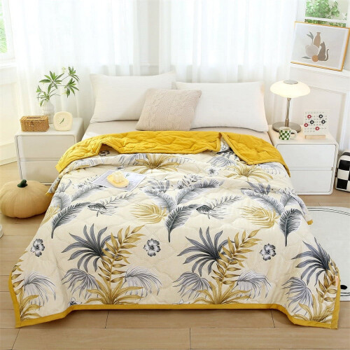 Queen size blomsterteppe - Lett vendbart sengeteppe, gult blomsterteppe til vår- og sommersengetøy 2