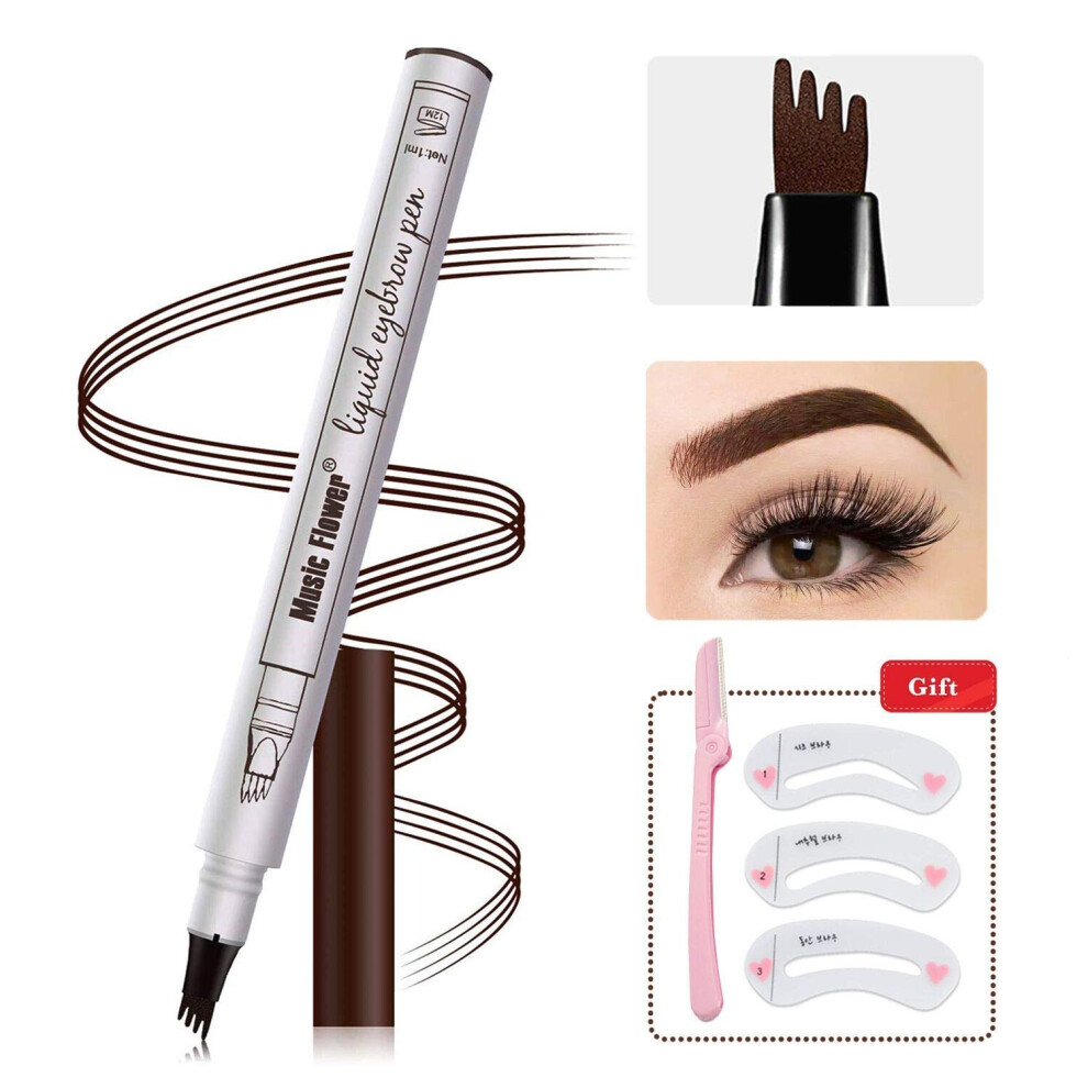 Eyebrow Pen with 4 Point Micro Fork Tip Waterproof Microblading Pencil for Natural Hairlike Strokes