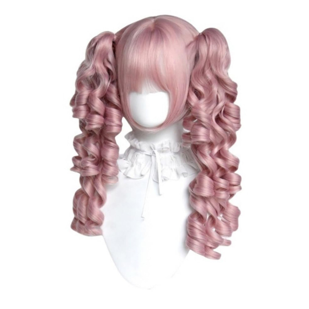 Unisex Pink Synthetic Lolita Wig With Double Ponytails, Heat Resistant Fiber, Victorian Curl Design