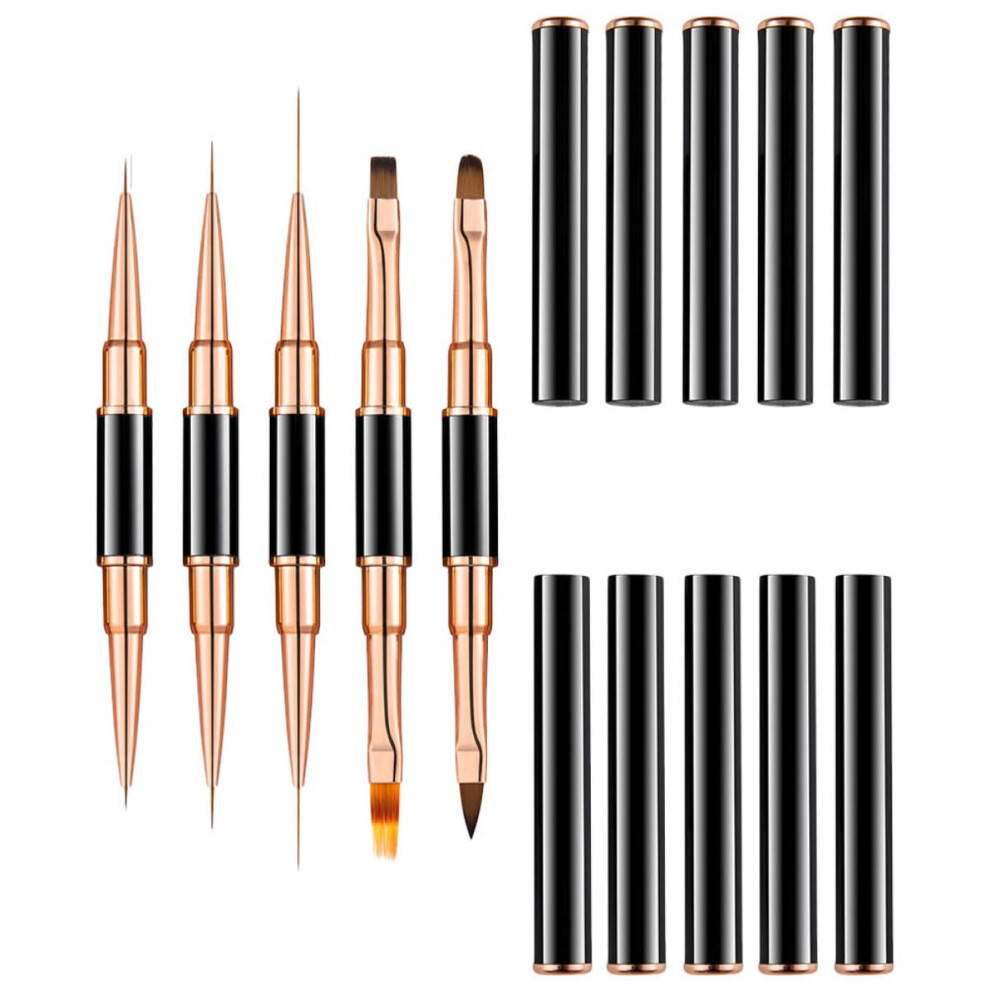 5pcs Dual Ended Nail Art Brush with Lid Ergonomic Grip for Gel Polish Detailing