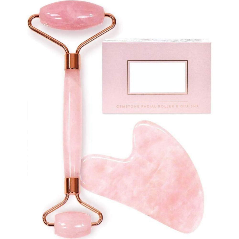 Rose Quartz Facial Roller and Gua Sha Set, DualEnded AntiAging Massager for Puffiness and Wrinkles