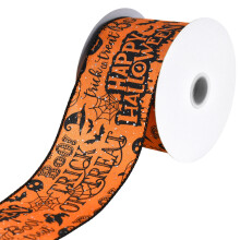 Panglică satinată cu sârmă strălucitoare Homeford Happy Halloween, 2-1/2 inci, 10 yarzi, portocalie