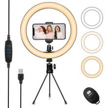 Solas Fáinne Selfie 10" le Seasamh Tripod, comhoiriúnach le iPhone, 3 Mhód & 10 Leibhéal Gile le haghaidh Smideadh, Sruth Beo, YouTube,