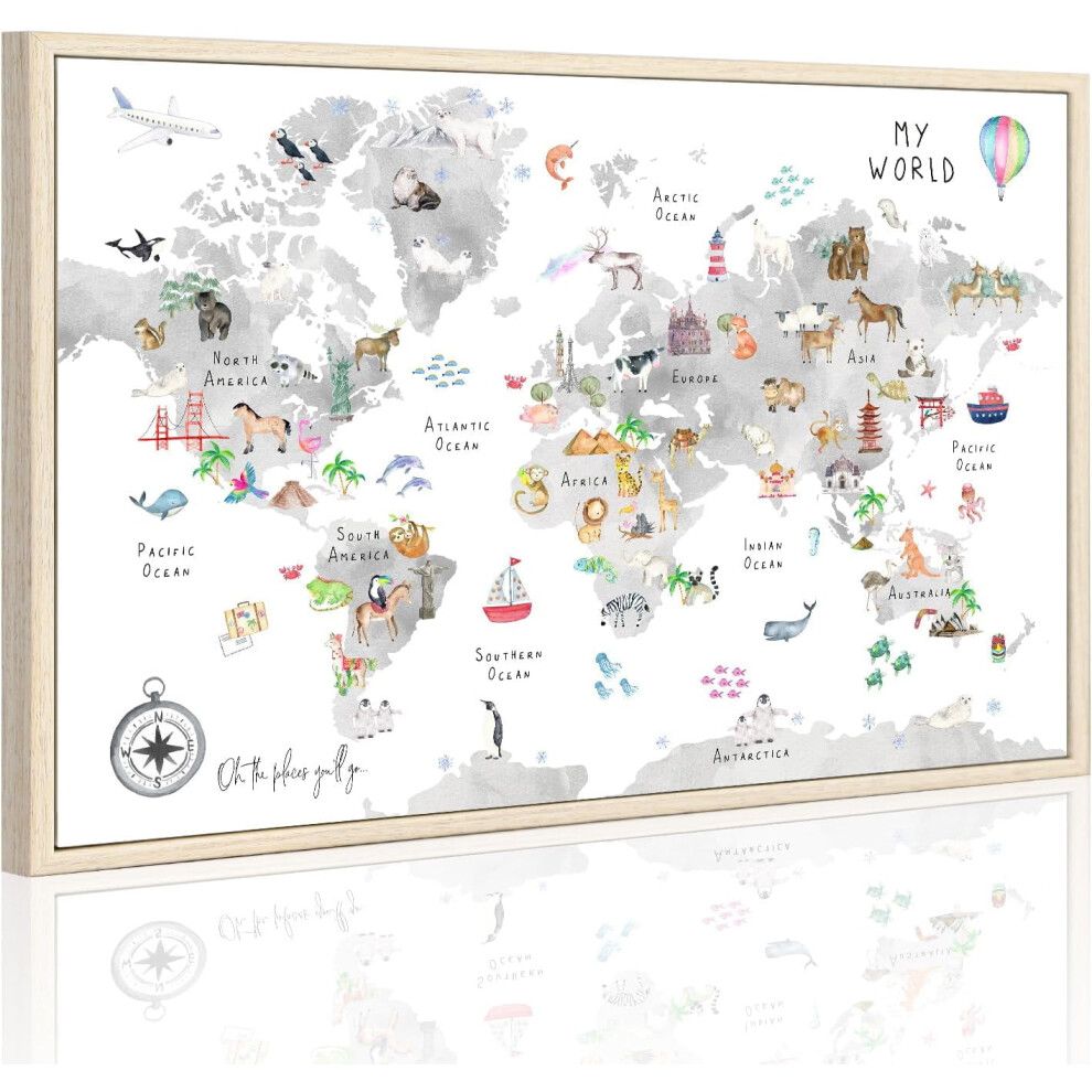 Kids World Map Wall Art With Animals, Educational Canvas Print 16X24 Inch, Nursery & Playroom Decor, Compatible With World Map Theme Grey