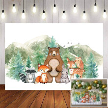 Sfondo con animali del bosco, tema avventura, sfondo per compleanno, decorazione per baby shower a tema bosco, banner