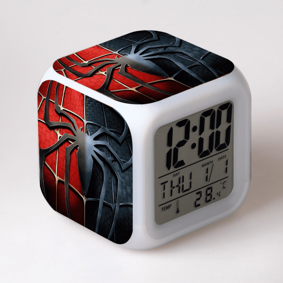Hanntaoo Digital Alarm Clock For Kids, Cartoon Spider-Man Pattern 7 Led Color Changing Wake Up Clock With Thermometer & Night Light