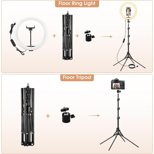 Ring Light de 13 polegadas com suporte de chão (kit Ring Light com altura total de 70,6 polegadas), luz circular de LED com suporte para celular, 2