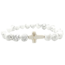 Pulseira religiosa com cruz, terço, contas brancas, bracelete sagrado católico