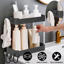 Organizzatore da bagno a 2 livelli con 4 ganci, ripiano portaoggetti da appoggio, organizer per cosmetici