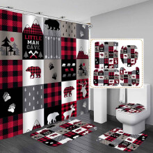 Set de 4 perdele de duș Farmhouse cu covoare, model roșu și negru cu model de bivoliță, design cu animale sălbatice, decor rustic pentru baie,