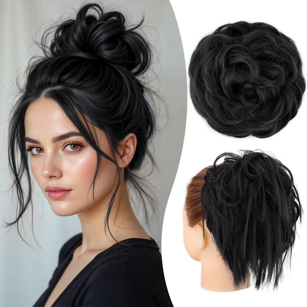 Unisex Black 2Pcs Messy Bun Hair Piece For Women Wavy Curly Hair Bun Extension With Instant Volume