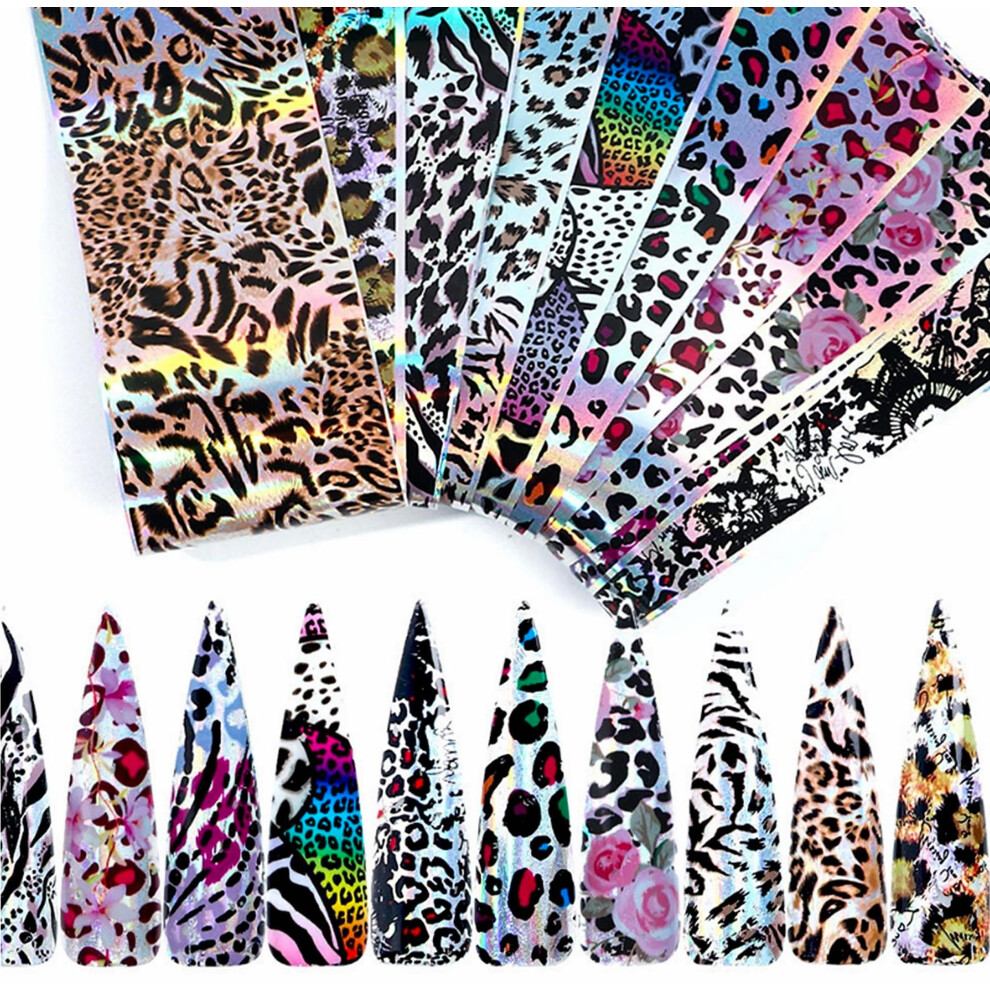 Leopard Print Nail Art Foil Transfer Sheets, 10pcs Laser Shine Holographic Animal Prints 7.87'x1.57'