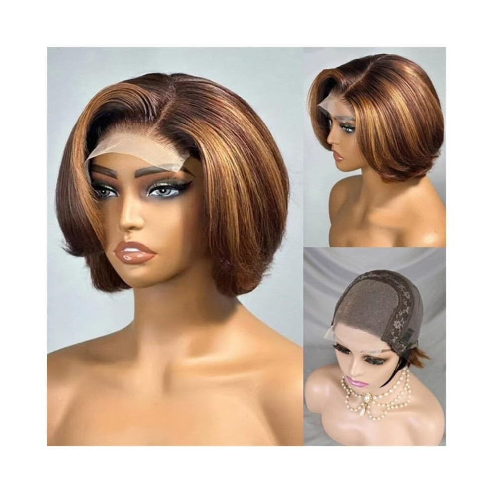 Unisex Brown 8 Inch Ombre Blonde Human Hair Bob Wig 4X4 Hd Lace Front Highlight Natural Hairline