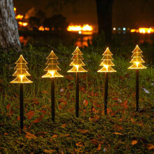 Kerstverlichting op zonne-energie voor buiten, set van 5, waterdichte, op zonne-energie werkende padverlichting met 2 standen voor tuin, gazon,