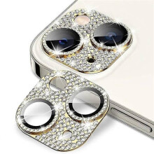 Protecție cameră compatibilă cu iPhone 13mini/13, sticlă securizată cu ramă metalică și decorațiuni cu strasuri
