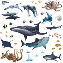 Verwijderbare 3D muursticker met onderwaterdieren zoals walvissen, haaien en inktvissen voor kinderkamer. Zelfklevende decoratie voor babykamer en