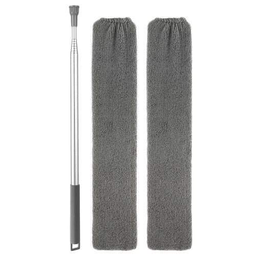 Espanador retrátil de microfibra com cabo extensível e capa de tecido, compatível com sofá, cama, móveis, ventilador de teto e persianas.