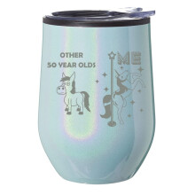 Bicchiere da viaggio senza stelo per vino e caffè con coperchio, idea regalo per il 50 compleanno, con unicorno superstar (glitter blu).