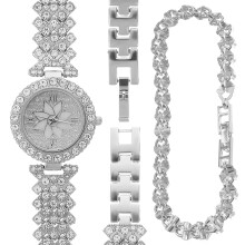 Dames quartzhorloge met strass-inleg, modieus polshorloge en armbandenset.