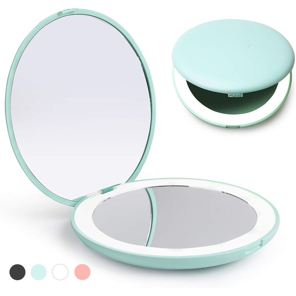 Light/Cyan Travel Mirror With 1X/10X Magnification Compact Mirror, Rechargeable Led Purse Mirror, Portable Ed Pocket Mirror (Cyan)