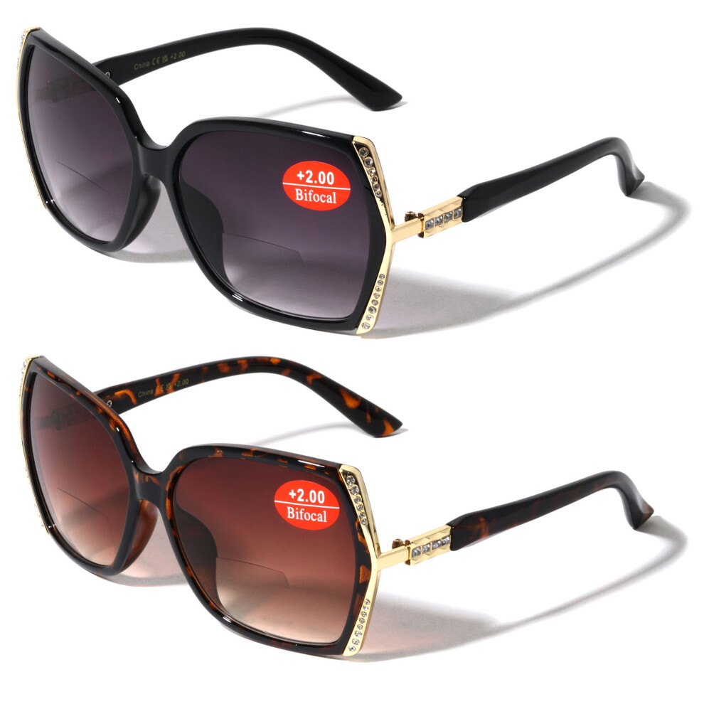 2 Pairs Women Bifocal Oversized Reading Sunglasses with Rhinestones - UV400 Reader Glasses +1.00