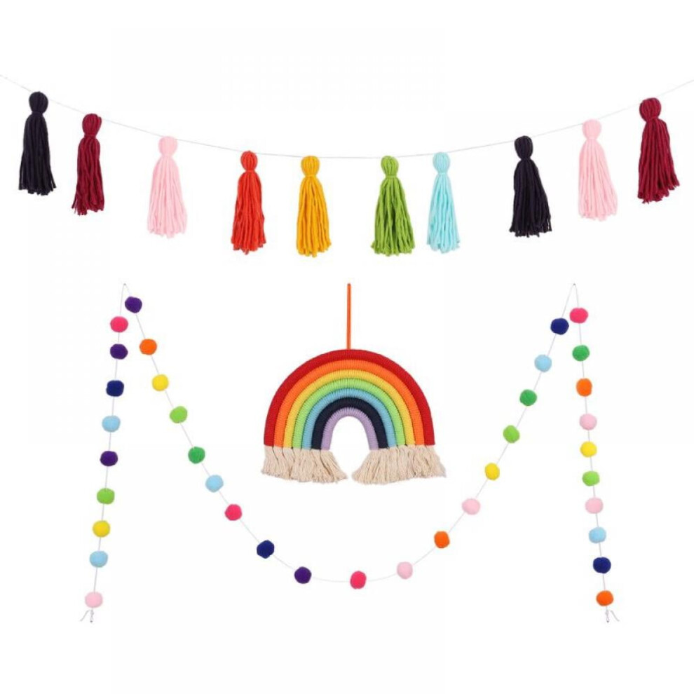 3Pcs Rainbow Wall Hanging Banner Tassel Garland Pom Pom Ball, Colorful Macrame Nursery Room Decor, Boho Home Party Baby Shower Supplies