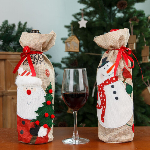 Νέο Χριστουγεννιάτικο Διακοσμητικό Σετ Μπουκάλι Κρασιού από Λινό Κεντημένο 2