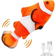 CNKOO Holdbart Floppy Fish Kattelegetøj med Katteurt, USB-opladning Wiggle Fish til Katte/Hvalpe/Små Hunde, Realistisk Vendefisk (Klovnefisk)