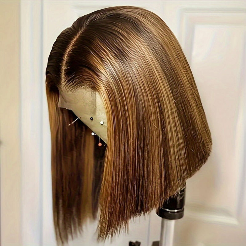 Unisex Brown Short Bob Wig 220% Highlight Hd Lace, Human Hair Ombre 4/27 Straight, Pre Plucked Honey Blonde & Chocolate 4X4 Closure