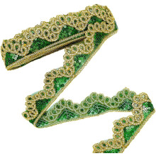 9.8yd Green Gold Sequin Beaded Trim, 1.77" Wide Sparkly Embellishment for Dress, Curtain, DIY Craft, Xmas Decor, Sewing Supplies