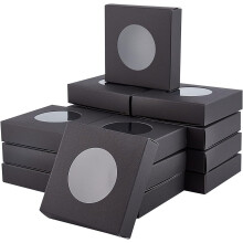 Boîte à dragées pliable en papier kraft, boîte cadeau carrée noire 10 x 10 x 2,5 cm, avec fenêtre transparente