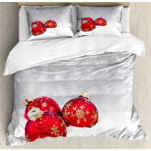 Christmas Duvet Cover Set, Xmas Baubles on Snow Snowflakes Ice Holiday Art, 3-Piece Bedding with 2 Pillowcases, White Red