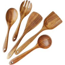 Utensílios de cozinha de madeira, conjunto de utensílios de cozinha em madeira de teca e acácia, resistente a riscos e ao calor, conjunto de 5