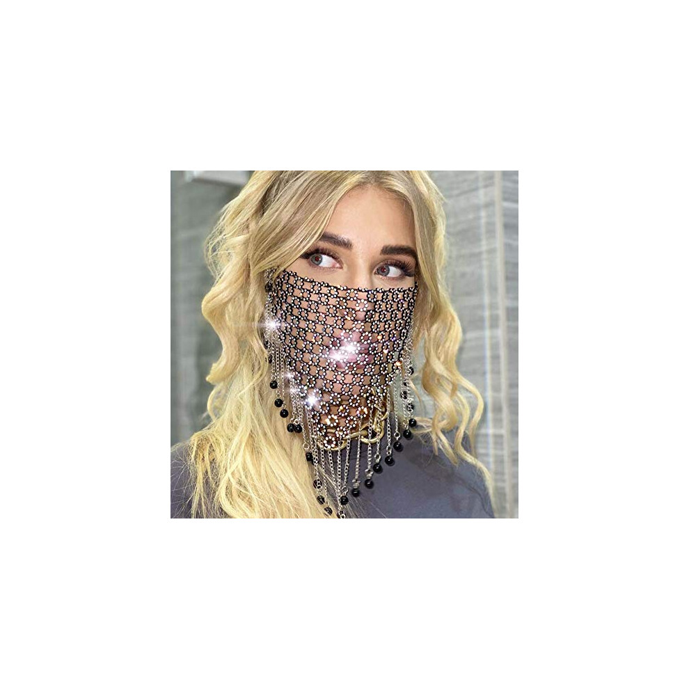 Black Sparkly Rhinestone Face Mask With Tassel Â Crystal Mesh For Masquerade, Rave And Festival