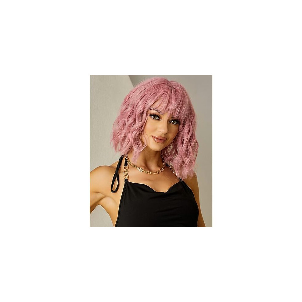 Light Pink Short Wavy Human Hair Bob Wig with Bangs for Women, Heat Resistant and Tangle