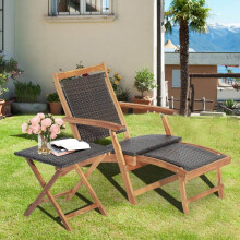 Ensemble de salon de jardin 2 pièces composé d'une chaise avec repose-pieds extensible et d'une table d'appoint en bois d'acacia marron