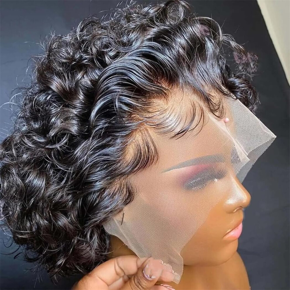 Unisex Human Hair Lace Front Wig Pixie Cut Short Curly Bob 13X4 Natural Hairline Remy Style