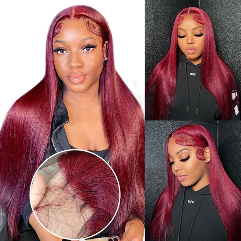 Unisex Red 20 Inch 99J Burgundy Lace Front Wig Human Hair 13X4 Preplucked Hairline With Baby Hair 180% Density