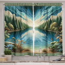 Cortinas de cozinha Ambesonne Landscape, Simetria Rio e Floresta, 140 x 99 cm, Verde e Azul
