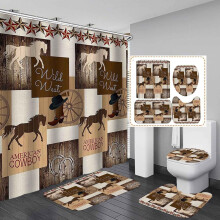 Conjunto de cortina de chuveiro estilo faroeste com 4 peças, incluindo uma cowgirl montando um cavalo, cactos e pôr do sol no deserto. Decoração
