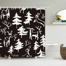 Cortina de chuveiro 3D com estampa geométrica de flores e folhas em preto e branco, ideal para banheiro. Impermeável e decorativa para casa.