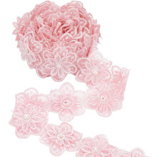 Yards (ca. 4,7 m) lange, 6 cm breite, rosa Organza-Spitzenborte mit 3D-Stickblumen, Perlen und floralem Rand – DIY-Bastelband zum Nähen