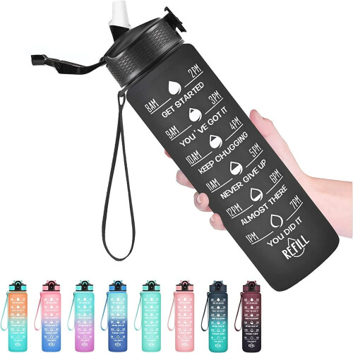 AMERTEER Μπουκάλι νερού 32oz με δείκτες χρόνου, καλαμάκι και σχεδιασμό στεγανότητας -